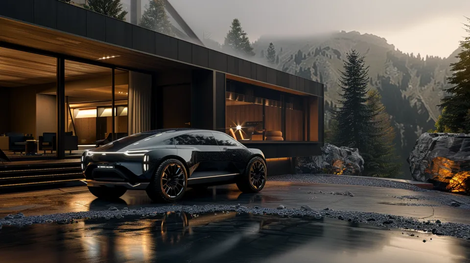 Electric car against the backdrop of modern country housing with nature