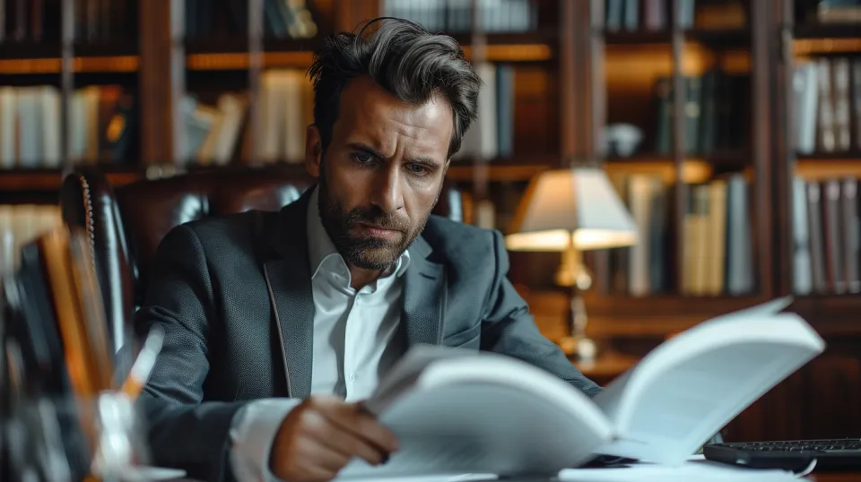 Financial expert or lawyer reading a report in a library