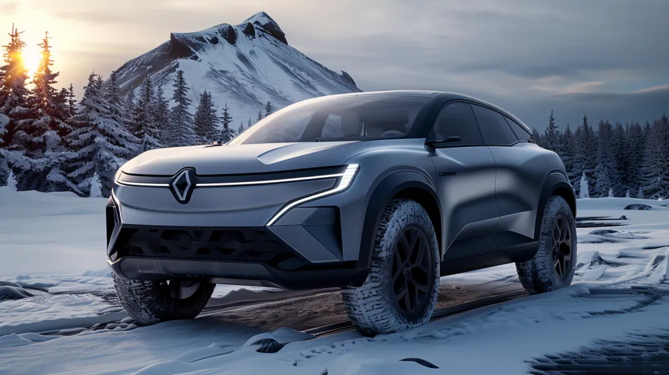Современный внедорожник Renault на фоне снежных гор