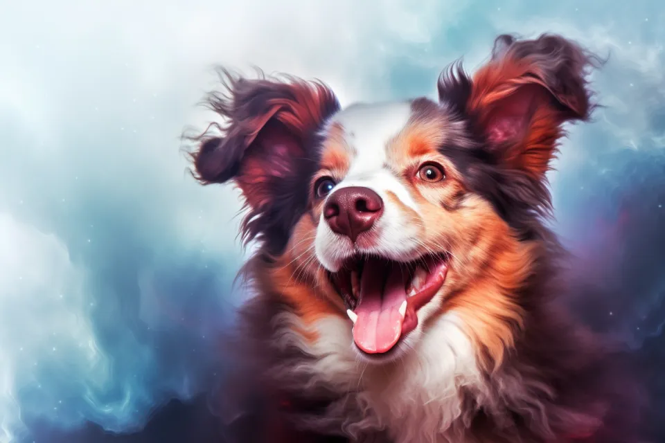 A dog with bright fur smiles against a colorful cosmos