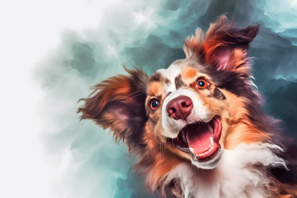 Perro con orejas peludas y sonrisa frente a nubes