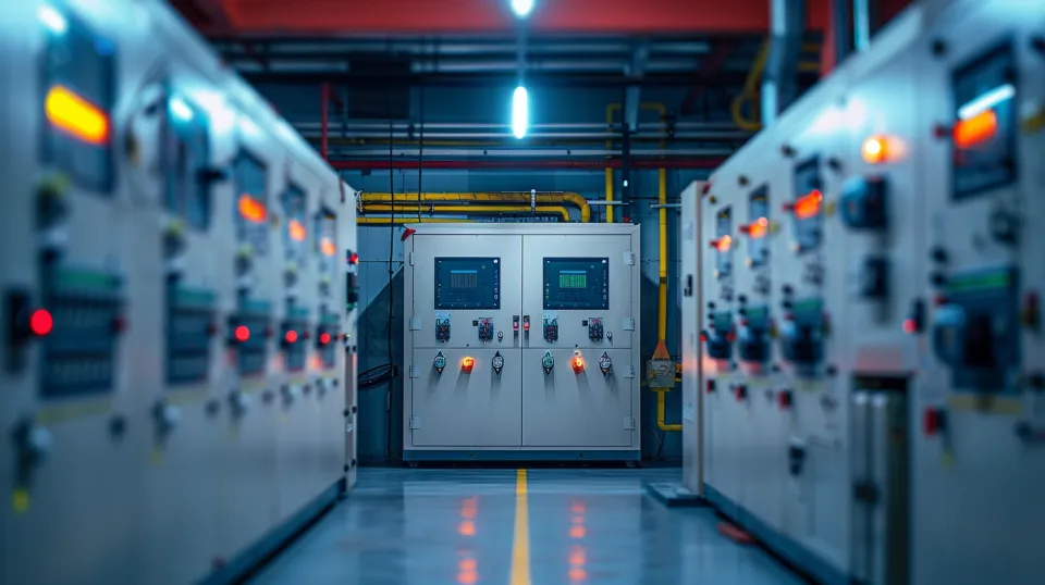 Interiores con paneles eléctricos y controladores en un entorno de fábrica