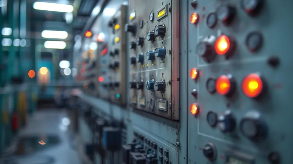 Control panel with buttons and indicators in a factory environment