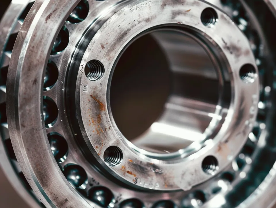 Metallic part with multiple holes and traces of rust on the surface