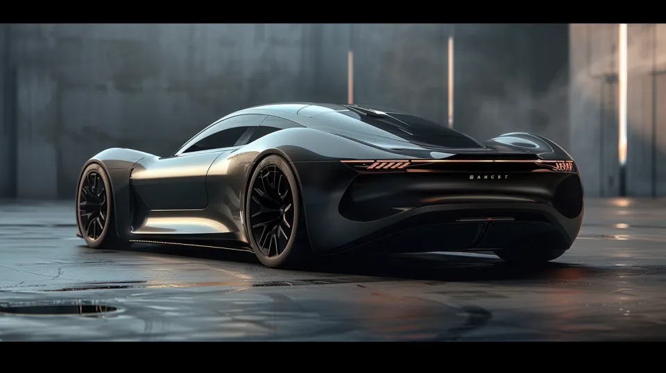 Elegant black sports car against a backdrop of modern industrial space