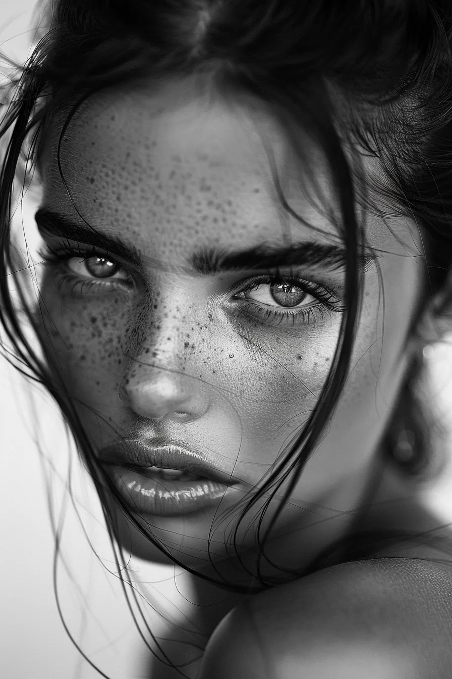 Black and white portrait of a girl with expressive facial features and freckles