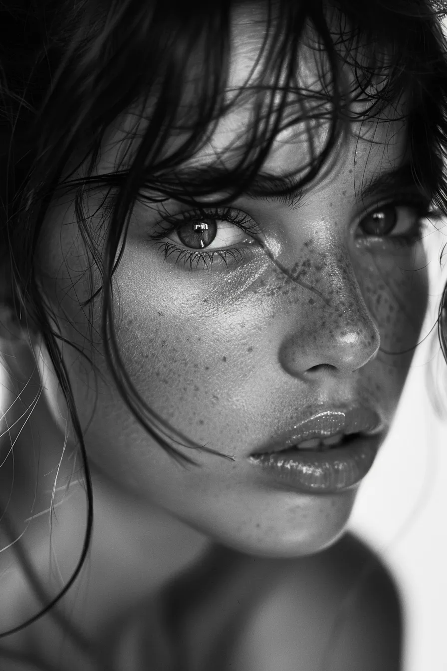 Image of a woman with freckles and wet lips against a light background