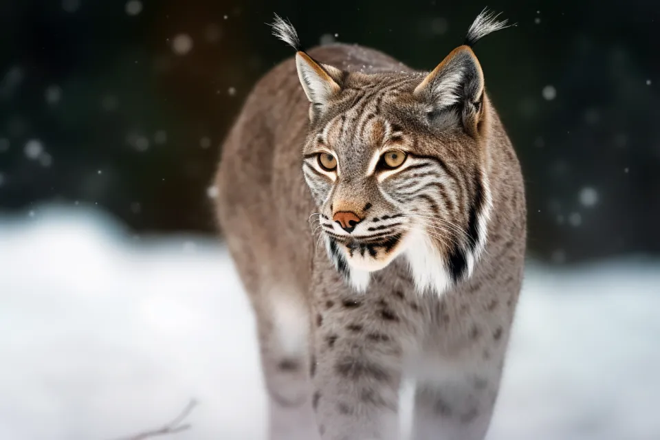 Image of a lynx moving across a snowy field in a winter forest