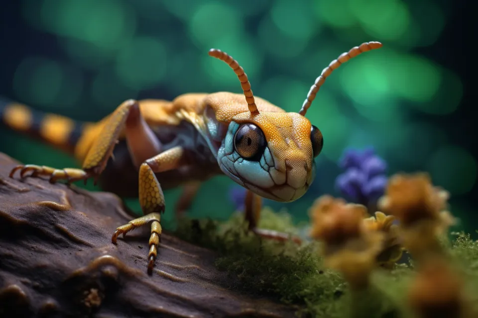 Realistic image of an insect standing on the bark of a tree with green backgrounds