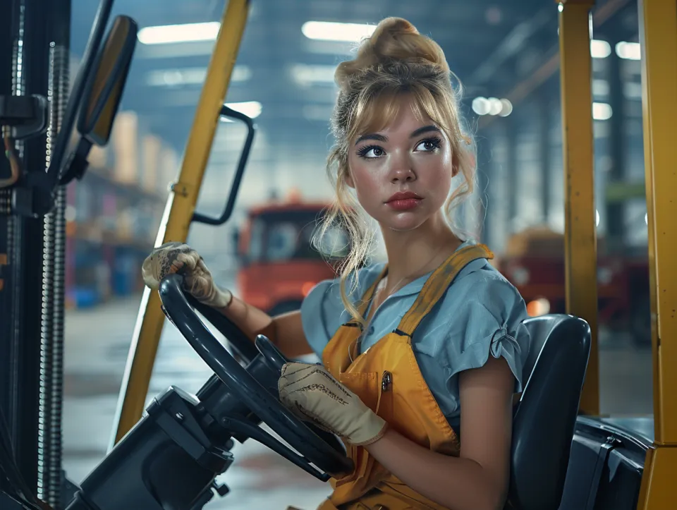 Joven mujer maneja un carretilla elevadora en un entorno industrial