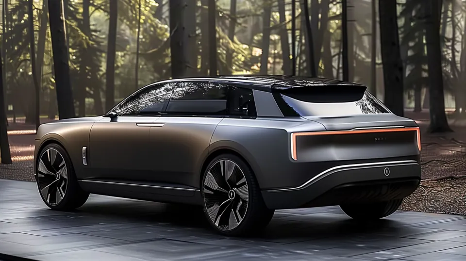 Modern electric crossover against a backdrop of a forest with bright light