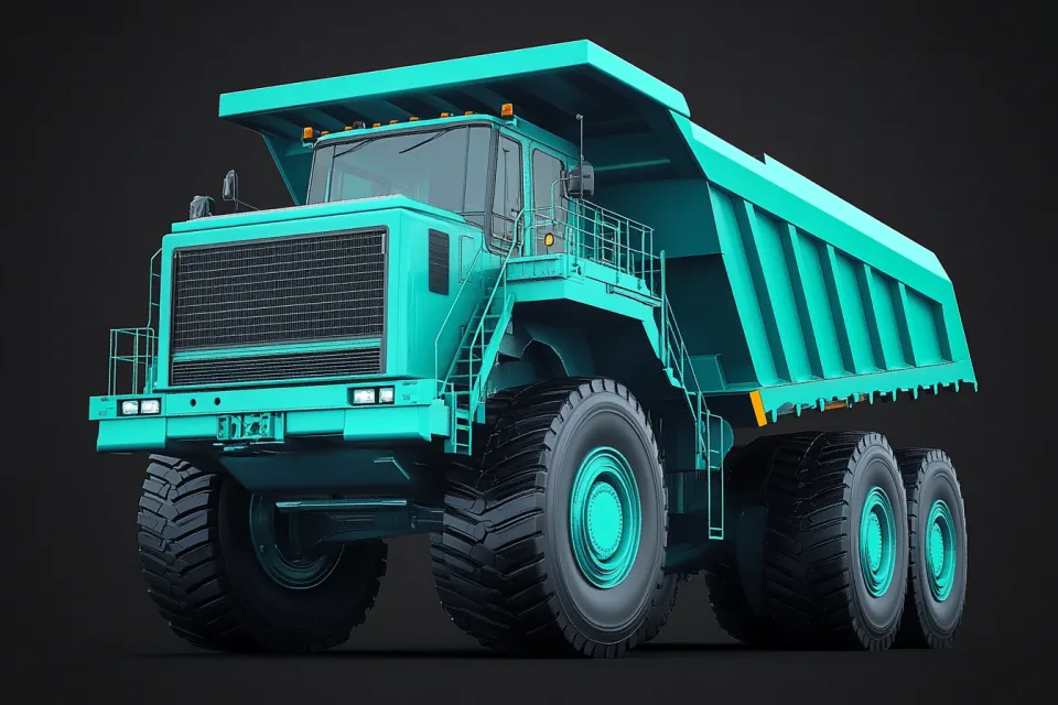 Tri-axle dump truck in bright color with large wheels