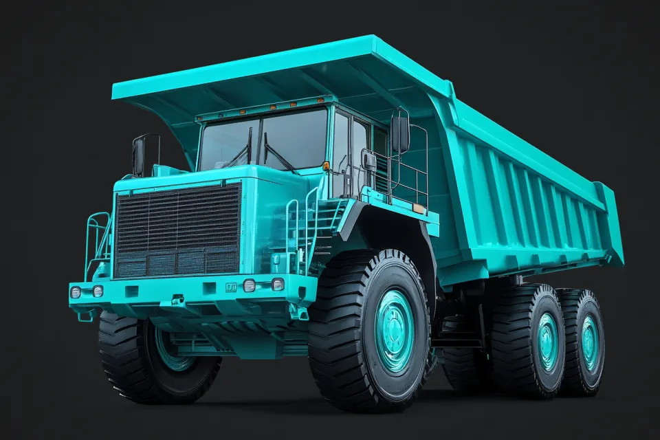 Large dump truck with a bright body on a dark background