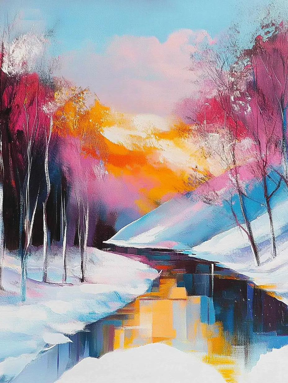 Cuadro de paisaje invernal con río, árboles brillantes y cielo al atardecer
