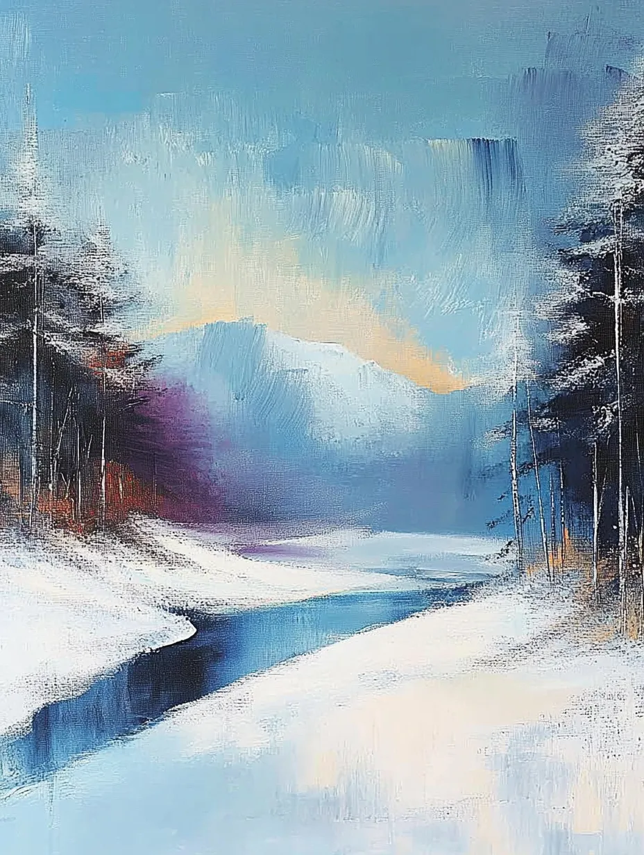 Paisaje invernal cubierto de nieve con un río, árboles y montañas al fondo