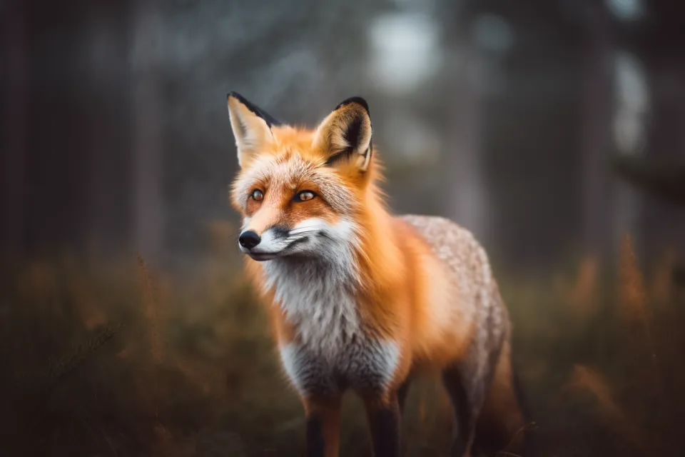 Portrait of a cute fox against a blurred backdrop of trees