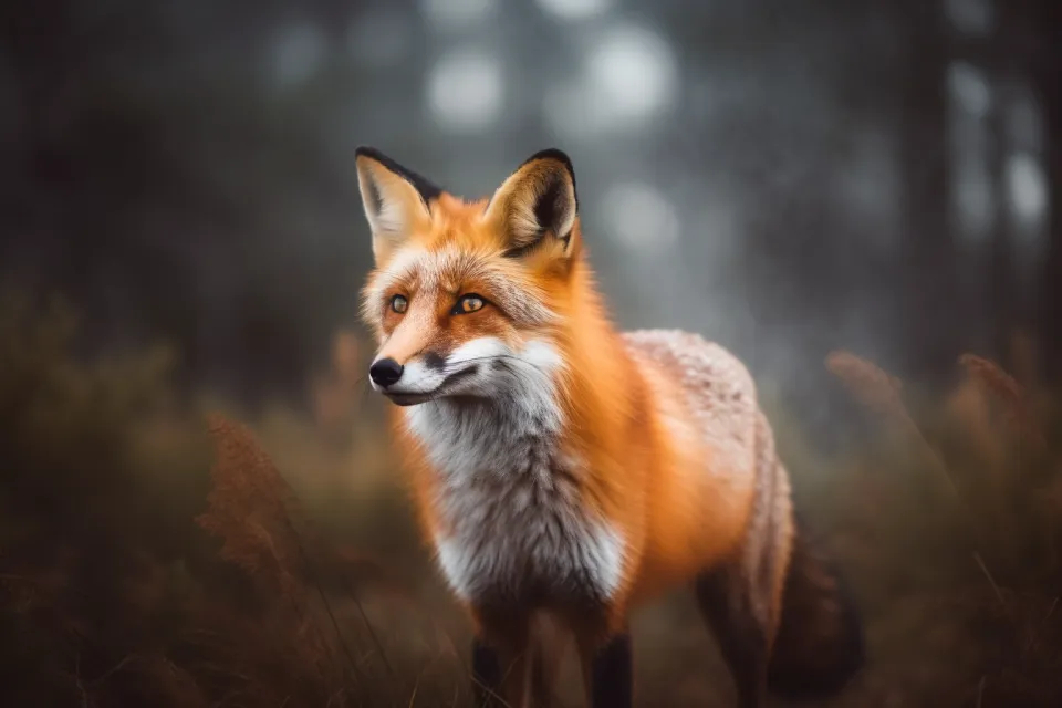 Imagen de un zorro frente a un paisaje forestal brumoso