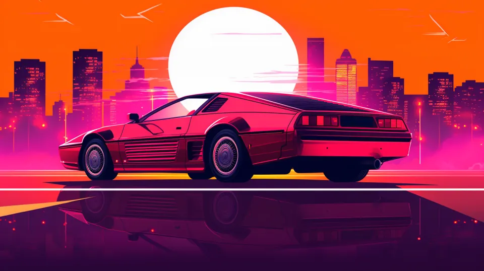 Brightly colored retro car in front of a nighttime cityscape and sunset