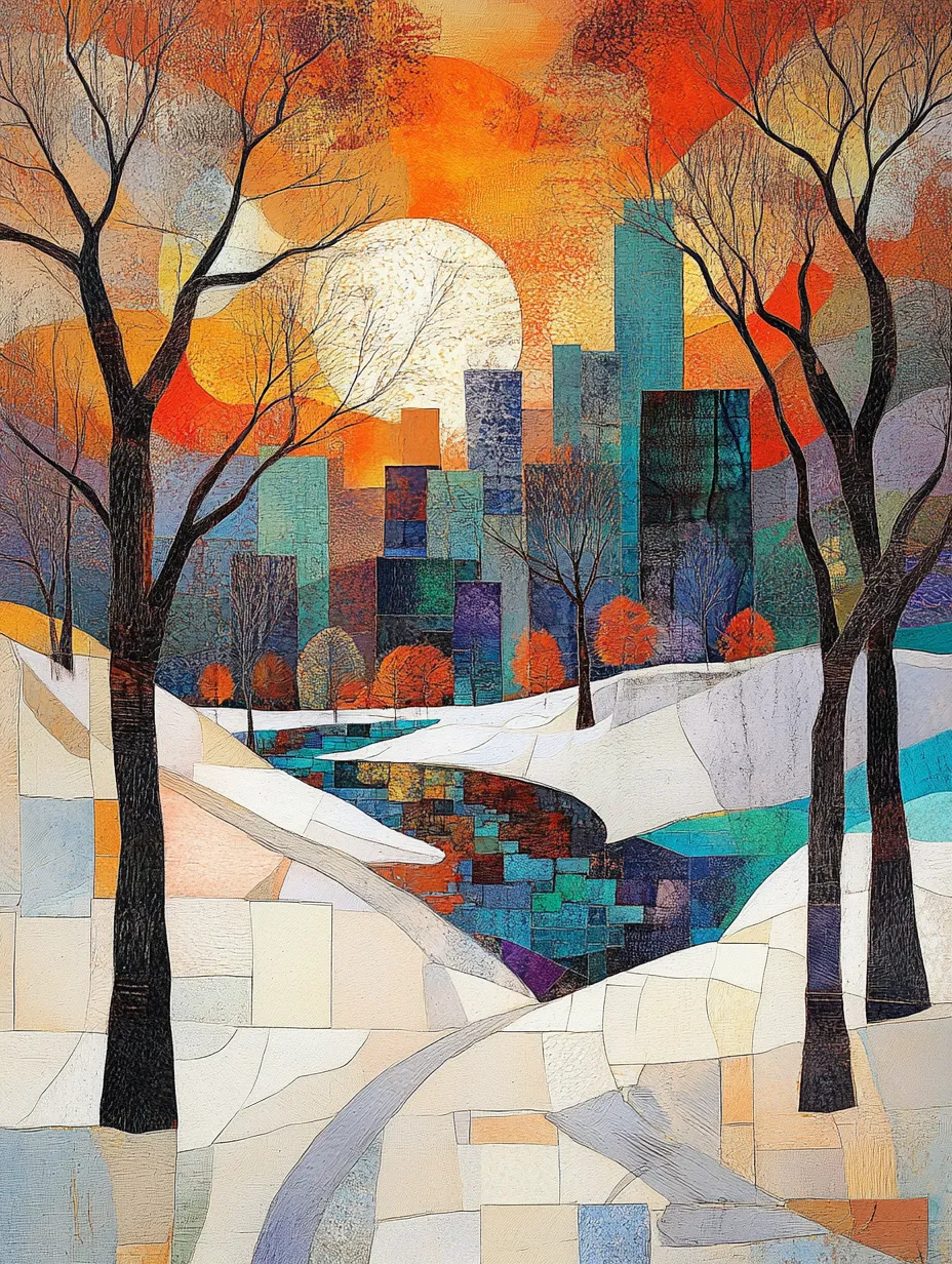 Winter landscape with a city and sunset, reflection in the river