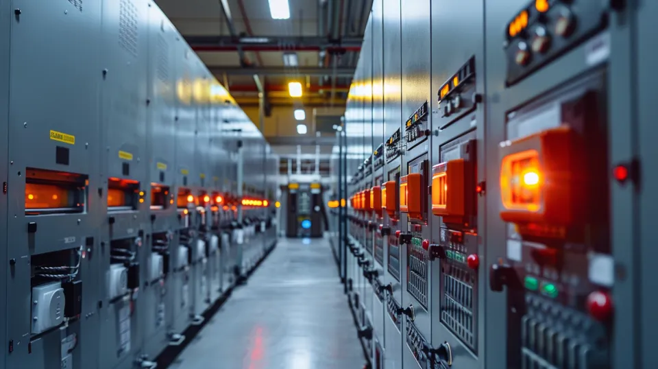 Interior of a server room with equipment and blinking indicators