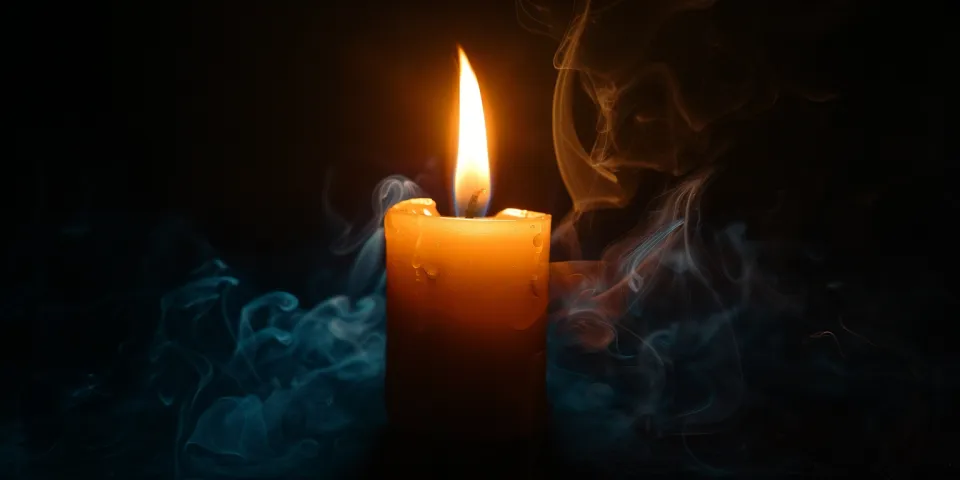 Vela con una llama brillante, rodeada de un suave humo sobre un fondo negro