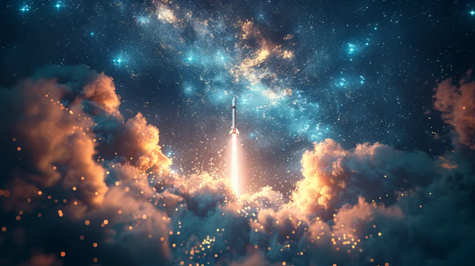 Rocket soaring through clouds against a starry sky
