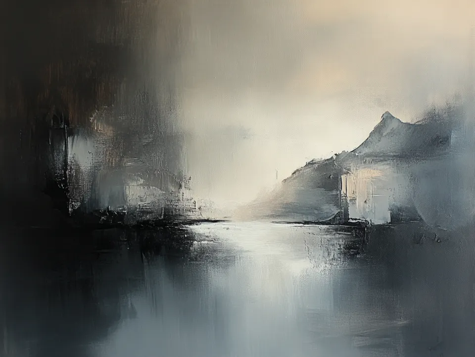 Paisaje brumoso ligeramente abstracto con tonos negros y grises