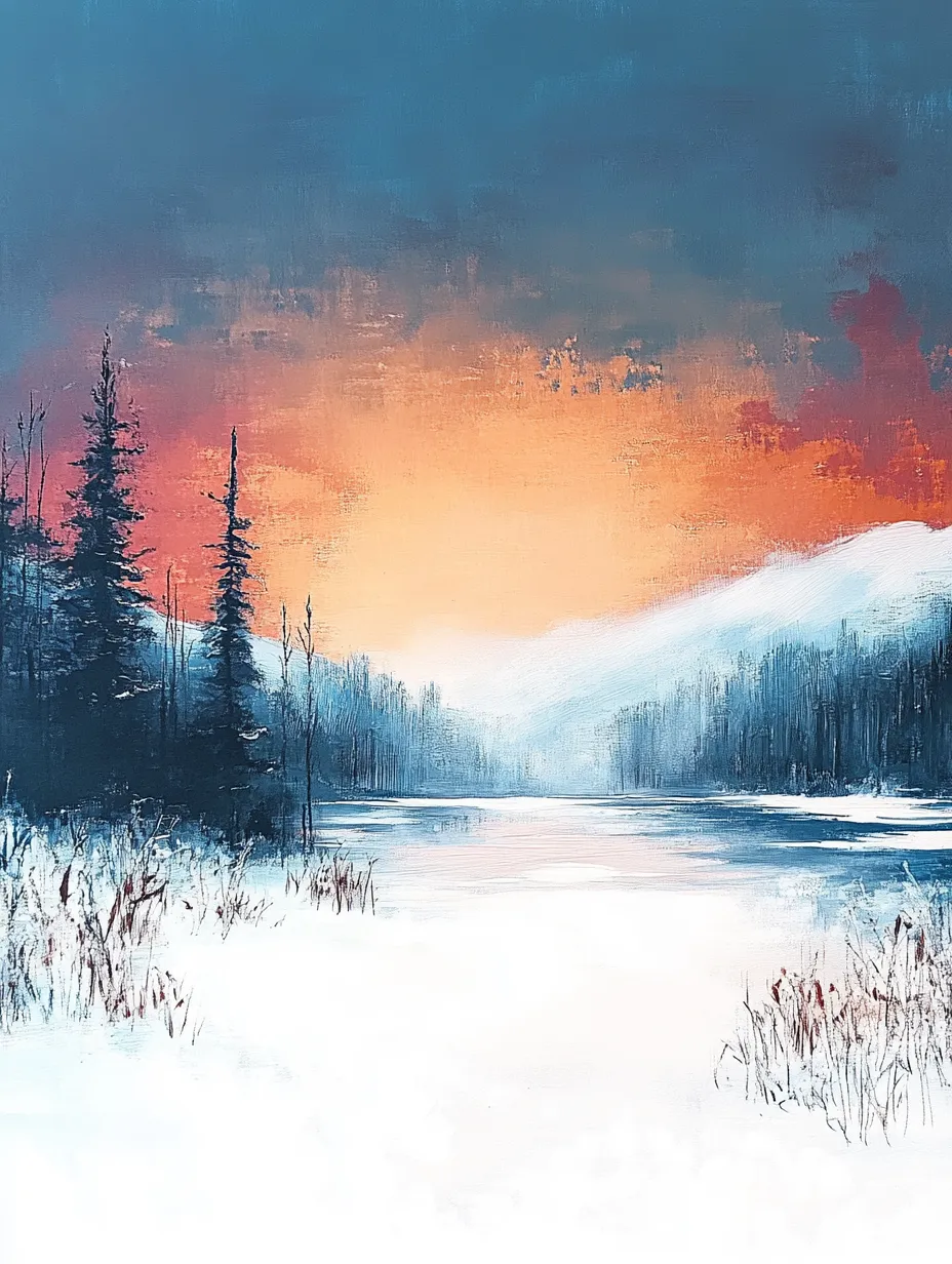Idílico paisaje invernal con pinos y el reflejo del atardecer en el agua