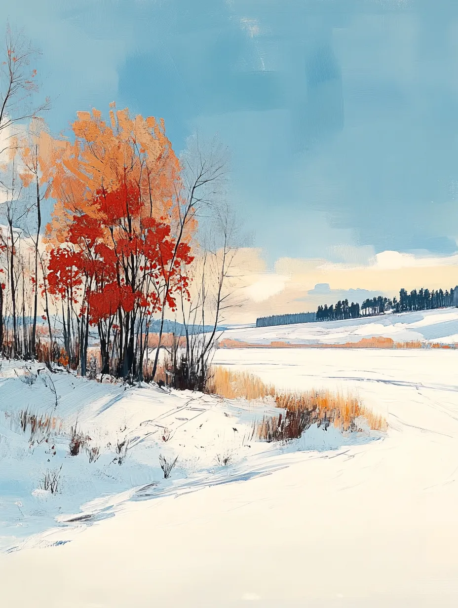 Snowy winter landscape with trees and a blue sky