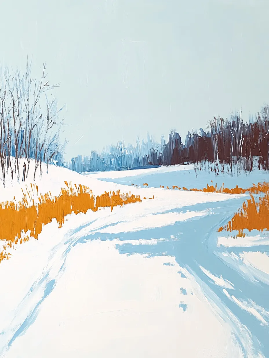 Winter landscape with white snow, blue sky, and orange elements