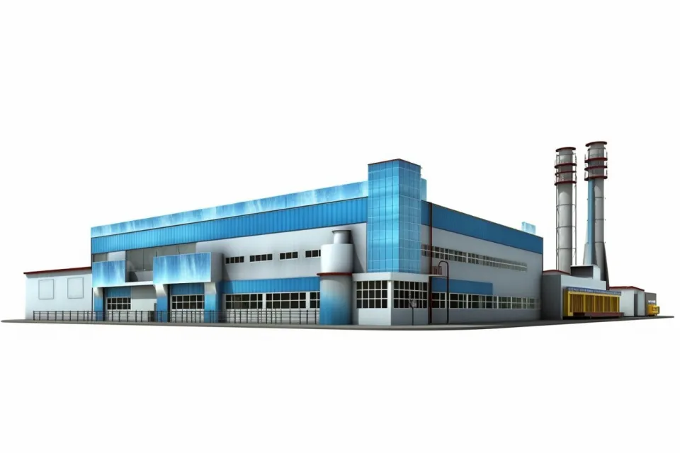 Edificio de un complejo industrial con altas chimeneas y fachadas de vidrio