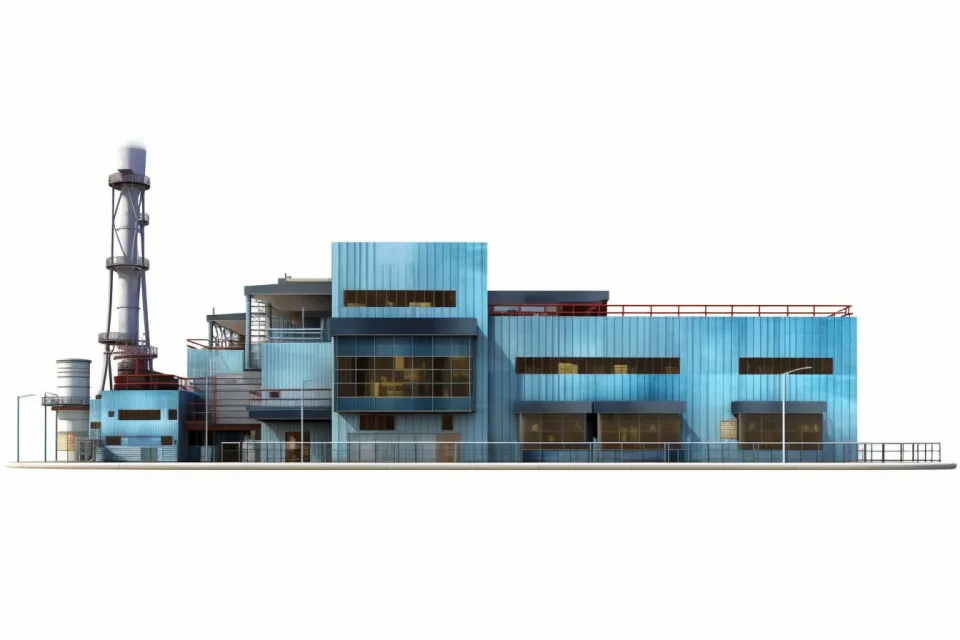 Industrial building with blue walls and a smoke stack against a white sky