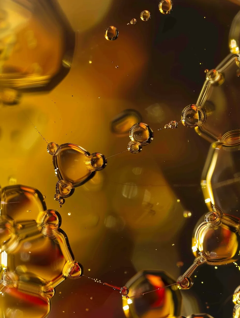 Fotografía de gotas de líquido sobre un fondo abstracto dorado