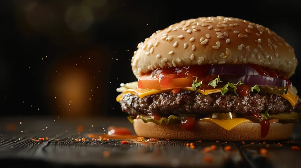 Burger with a meat patty, vegetables, and sauces on a dark background