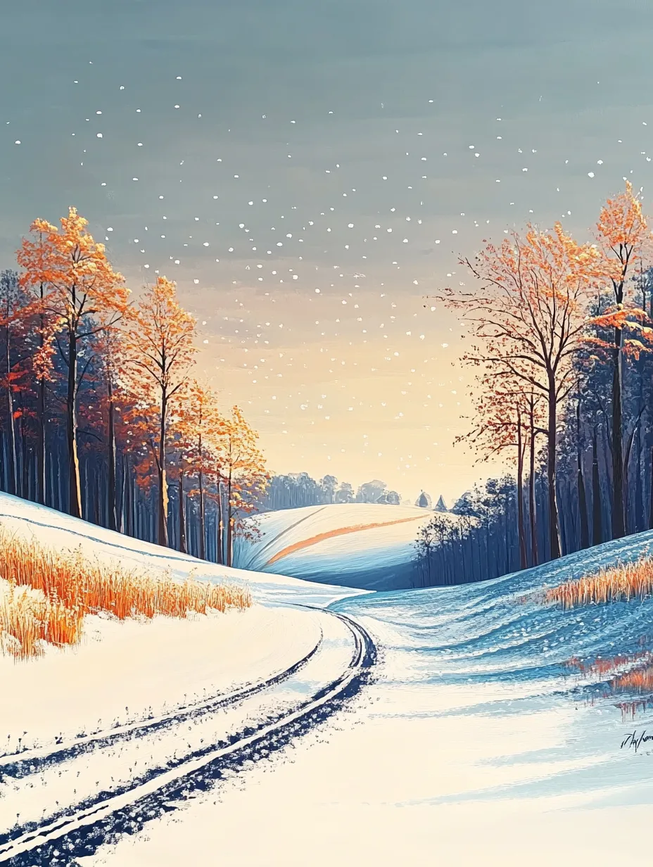 Paisaje invernal con un camino, árboles y campos nevados