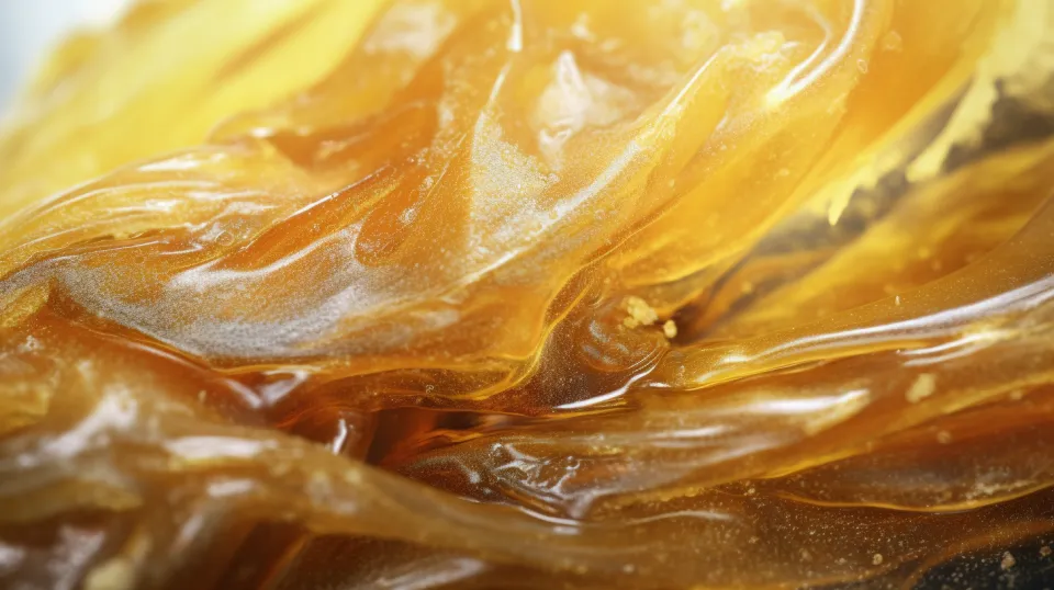 Primer plano de un material transparente con un tono dorado y una textura interesante