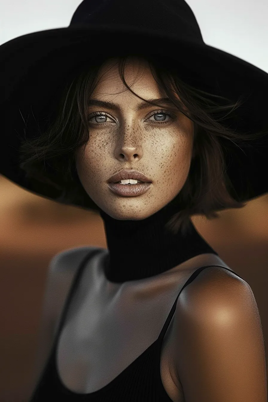 Woman with Tanned Skin and Freckles Against a Background of Blurred Warm Tones