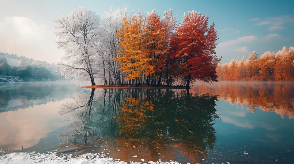 Bright autumn colors against the backdrop of a calm lake and trees
