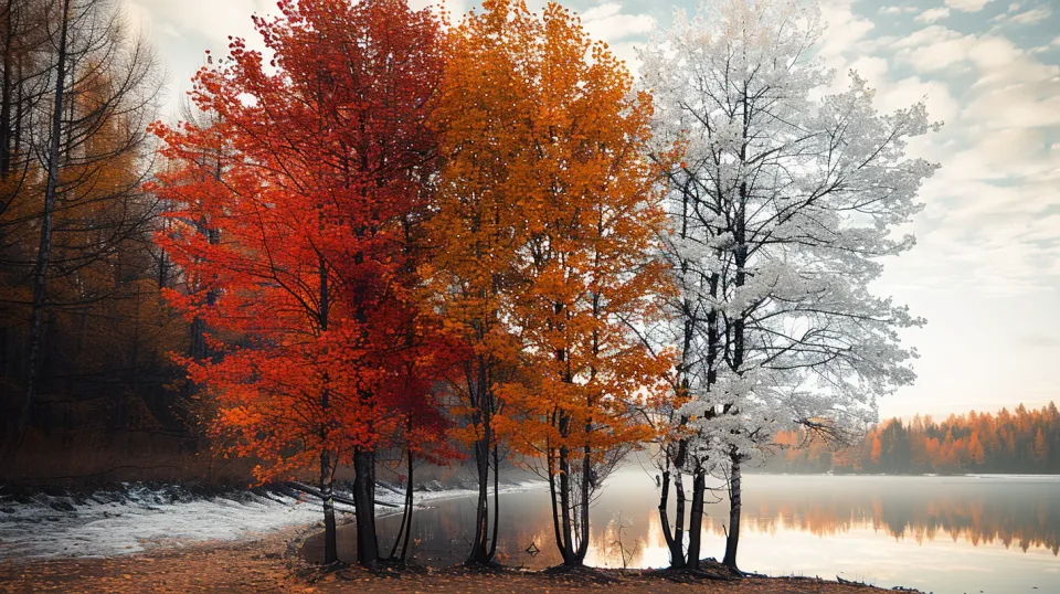 Charming autumn trees with bright leaves by a calm lake