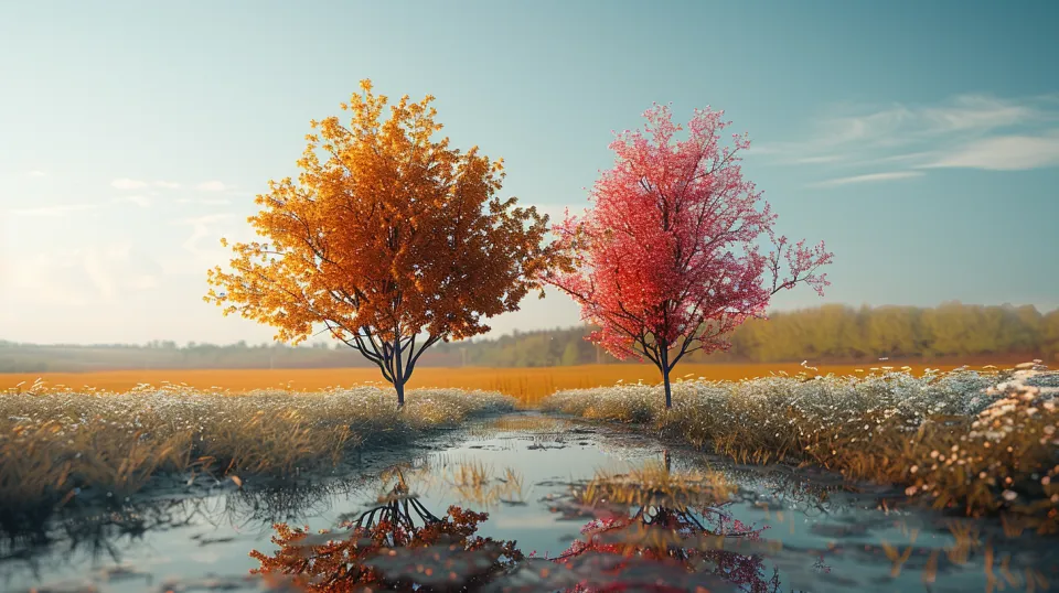 Two trees with bright autumn leaves and their reflection in the water