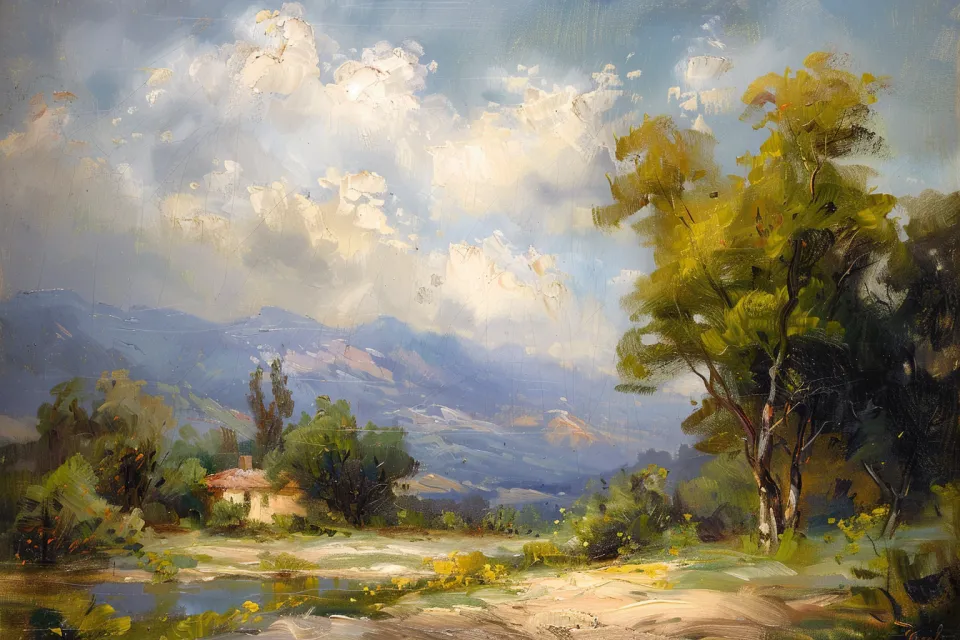 Landscape with a Cloudy Sky, Mountains, and Green Trees
