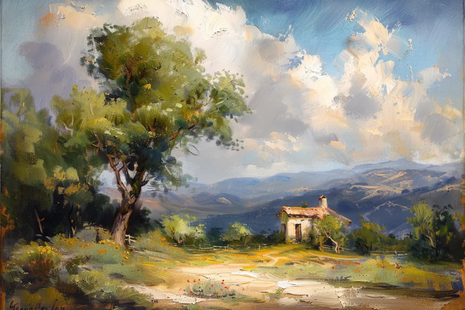 A painting depicting a small house against a backdrop of green trees and mountains.
