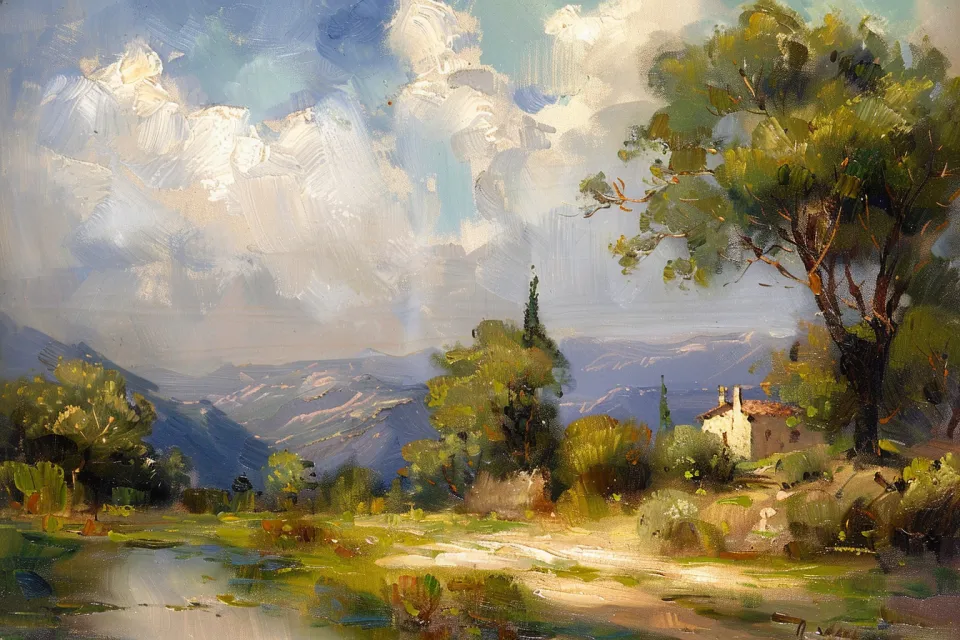 Picturesque landscape with green trees and a cloudy sky