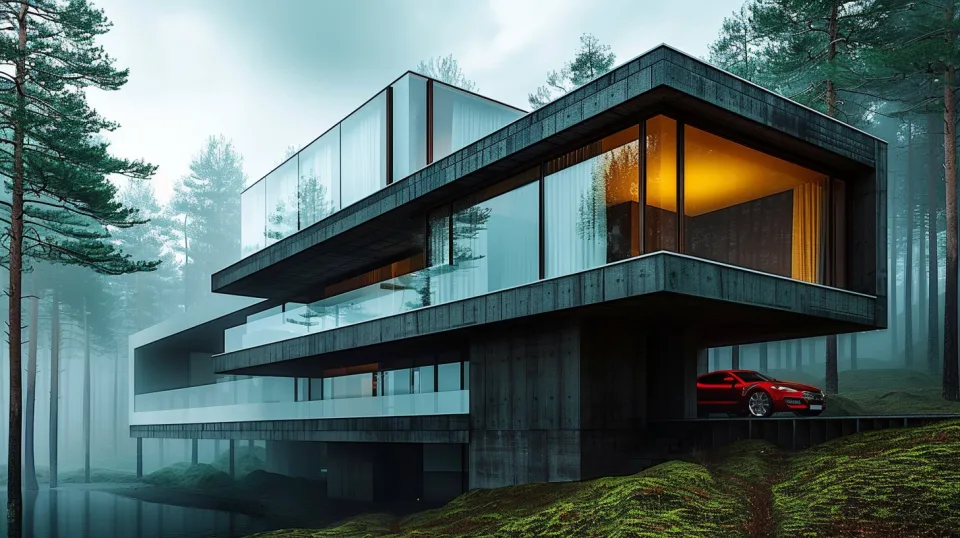 Modern architecture in a forest landscape surrounded by mist