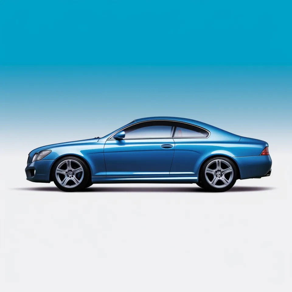Vista lateral de un elegante coupé Mercedes azul sobre un fondo degradado