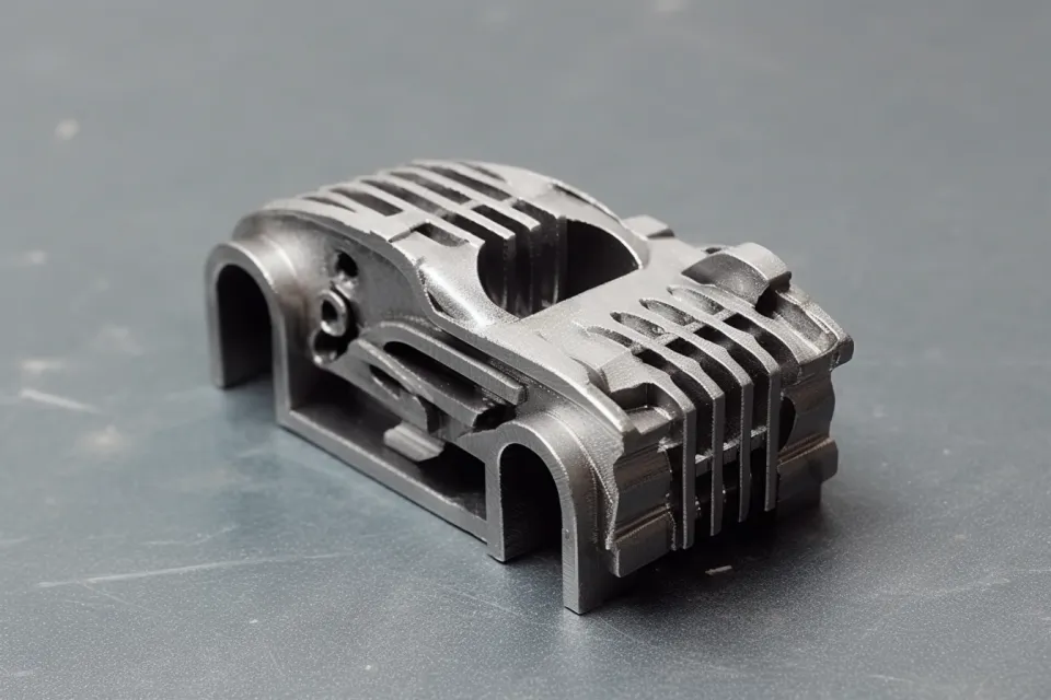 Detailed view of a metal component with ribbed design