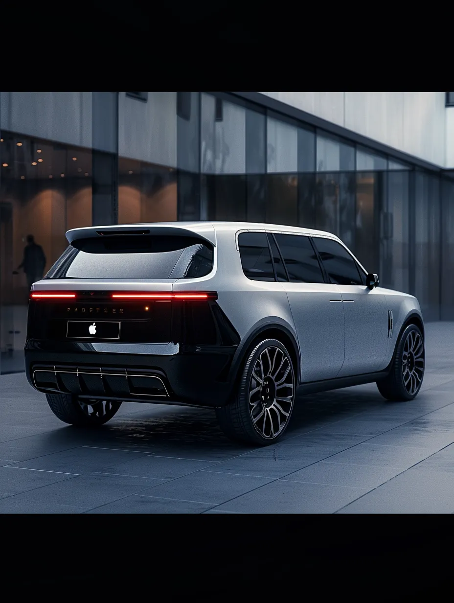 Elegant SUV with Apple logo against a glass building