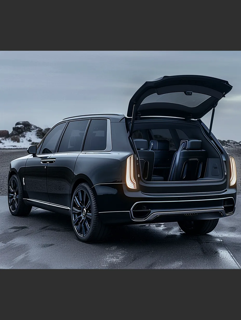 Elegant black SUV with an open trunk door set against a rocky landscape