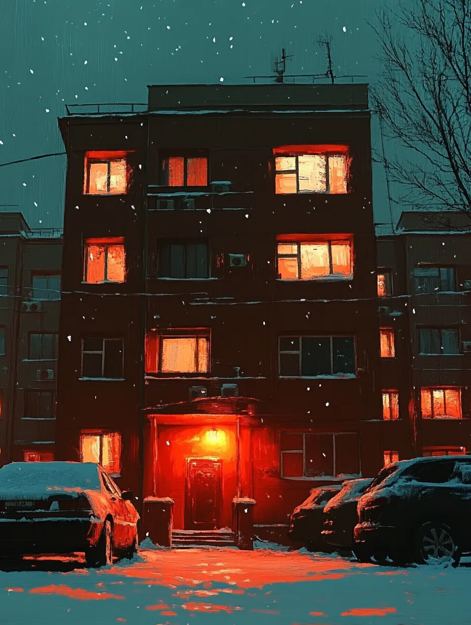 A residential high-rise in a winter evening with lights in the windows and snow