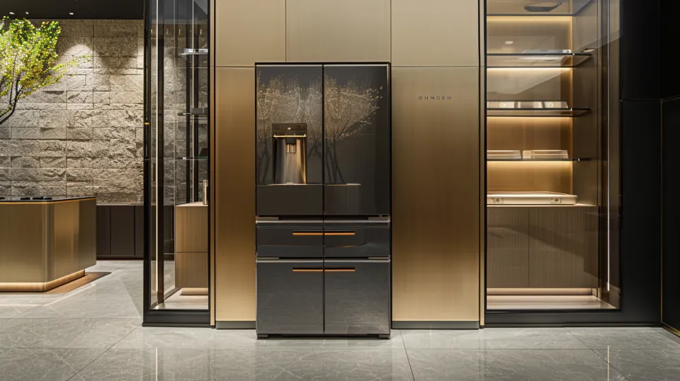 Elegante refrigerador negro en el interior de una cocina con acentos dorados